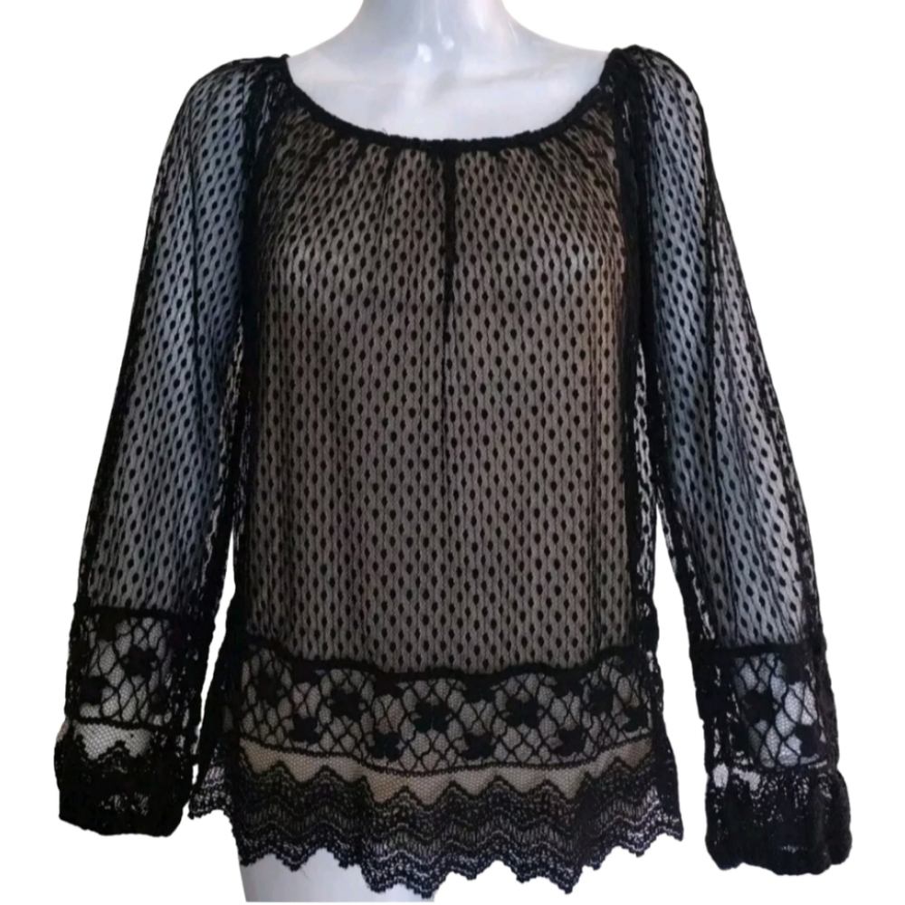 STUDIO M Blouse Woman's S Black Nude Soft Sheer Stretch Lace Long‎ Sleeves Tunic